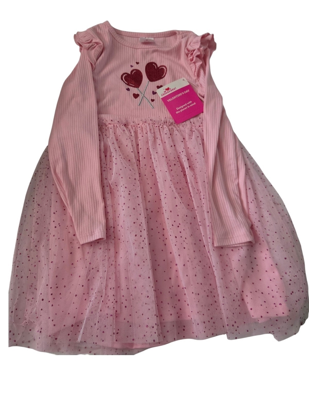 Girls' Pink Heart Tulle Long Knit Sleeve Dress